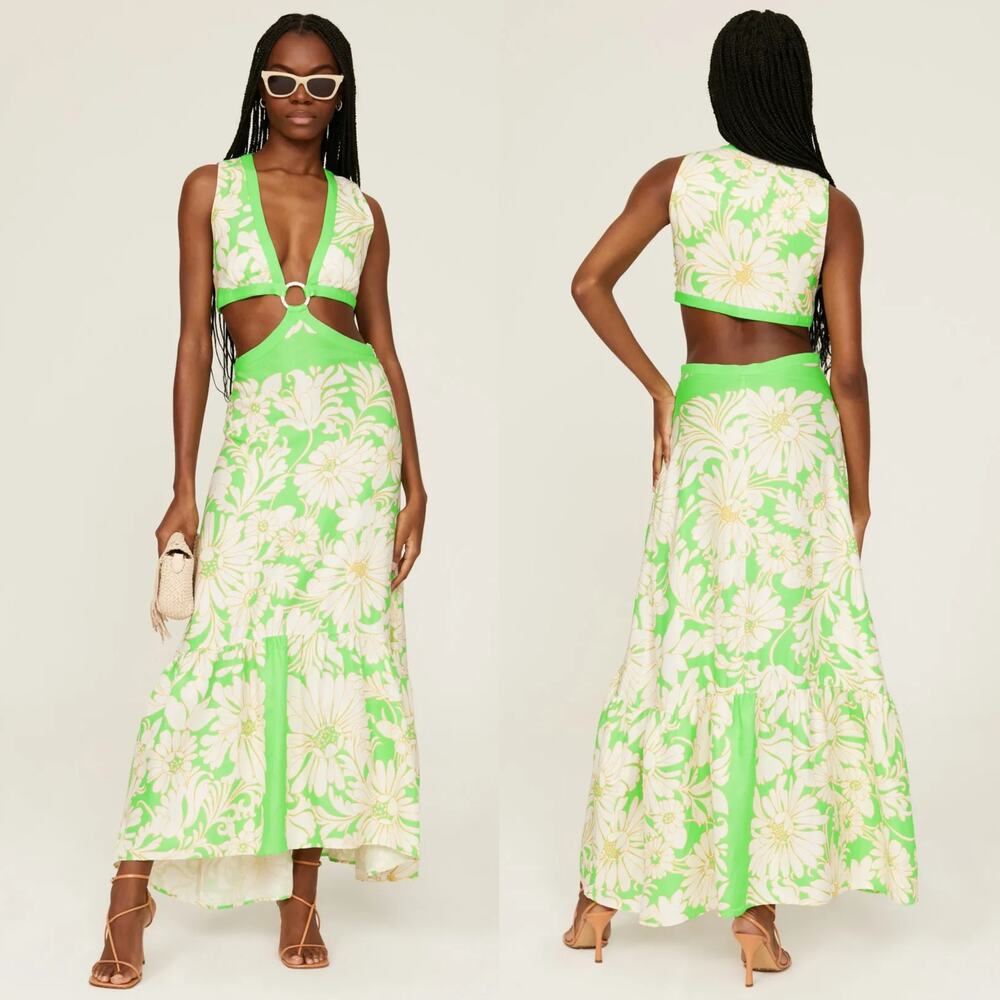 Sandro Ludmila Dress Linen Blend Floral Sleeveless Cutout Maxi Green 36 US 2-4 - Picture 2 of 12